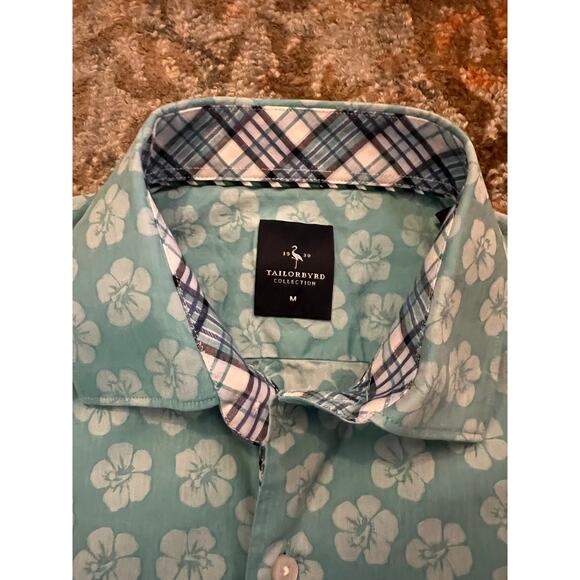 TailorByrd Men’s Short Sleeve Teal Floral Button Up Shirt, M - Picture 3 of 4